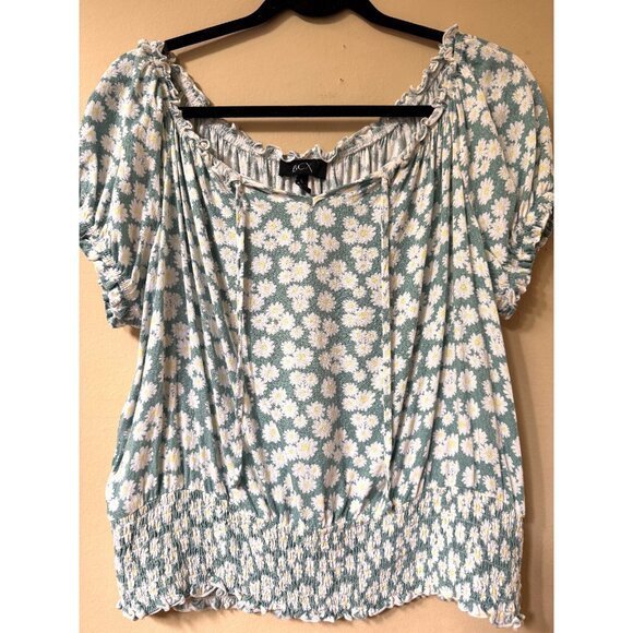 Womens Daisy Print Peasant Blouse Puff Sleeve Sz XL Smocked Hem Cottagecore Boho - Picture 1 of 16